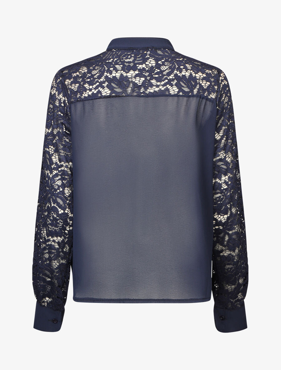 Blouse à manches longues ajourées en dentelle - Marine - 2