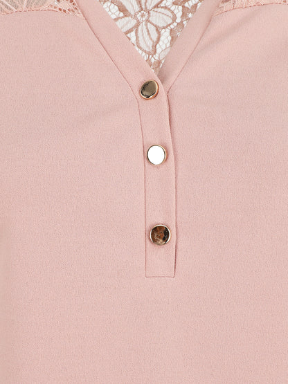 Blouse unie à dentelle - Rose - 3