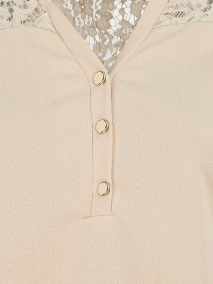 Blouse unie à dentelle - Beige - 3