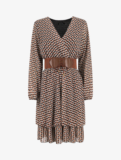 Robe col cache-coeur imprimé mosaïque - Marron - 1
