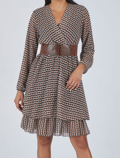 Robe col cache-coeur imprimé mosaïque - Marron - 4
