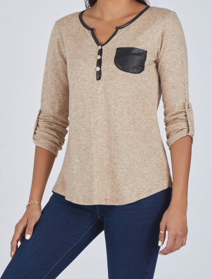 Pull fin droit à poche plaquée - Beige - 4