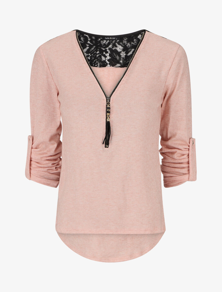 Pull à manches retroussables et dentelle - Rose - 1