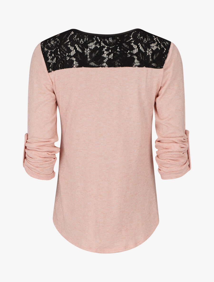 Pull à manches retroussables et dentelle - Rose - 2
