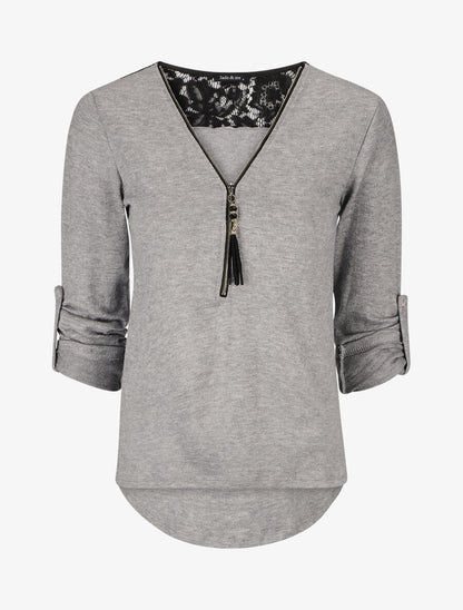 Pull à manches retroussables et dentelle - Gris - 1
