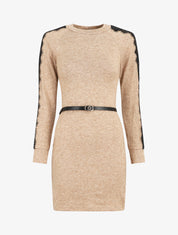Robe pull courte à manches dentelle - Beige - 5
