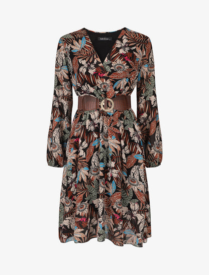 Robe col cache-coeur imprimé orchidées - Noir - 1