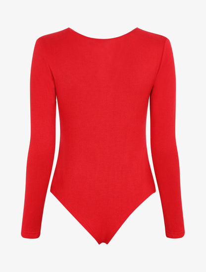 Body en maille uni à col V zippé - Rouge - 2