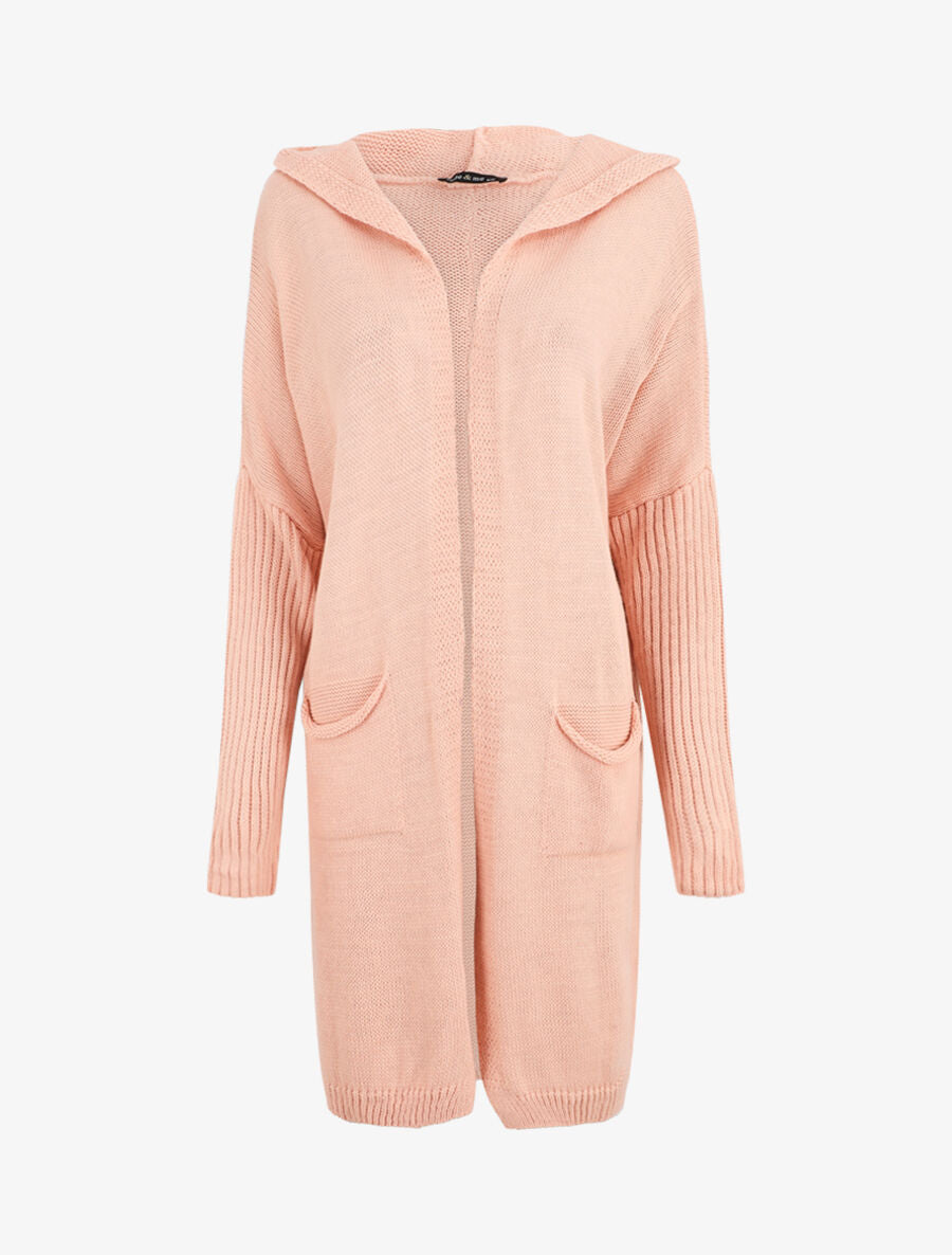 Gilet mi-long à capuche - Rose - 1