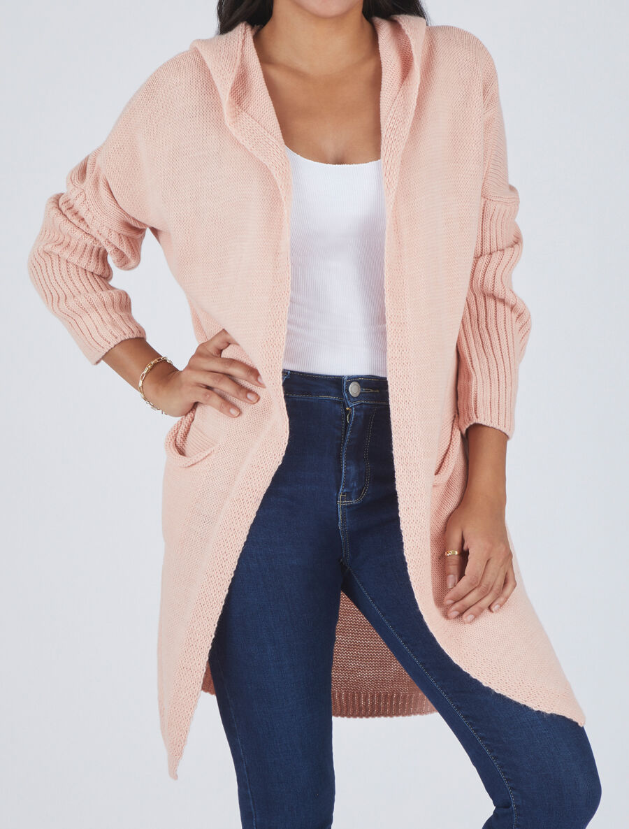Gilet mi-long à capuche - Rose - 4