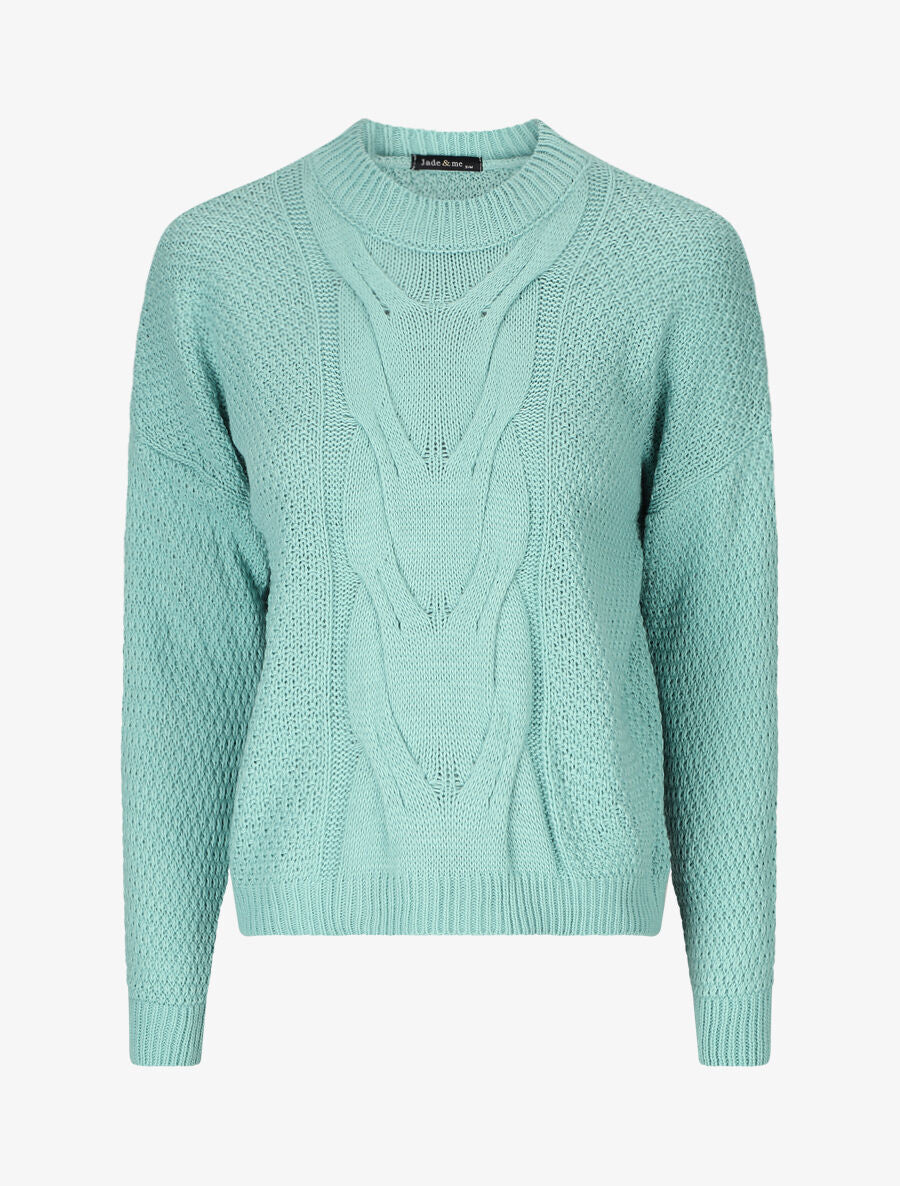 Pull torsadé et bords côtelés - Turquoise - 4