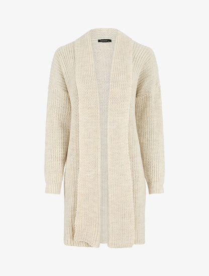 Gilet long ouvert à col rabat - Beige - 1