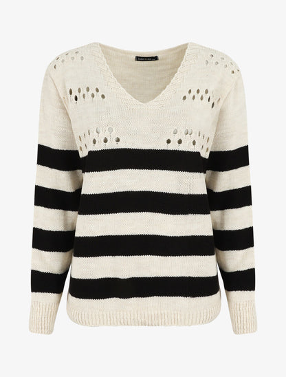 Pull ajourée à rayures - Noir/beige - 5