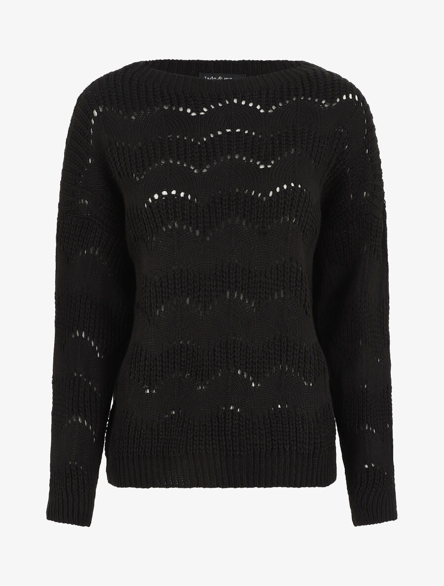 Pull droit uni en maille ajourée - Noir - 4