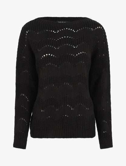 Pull droit uni en maille ajourée - Noir - 4