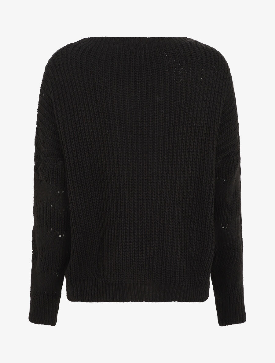 Pull droit uni en maille ajourée - Noir - 2