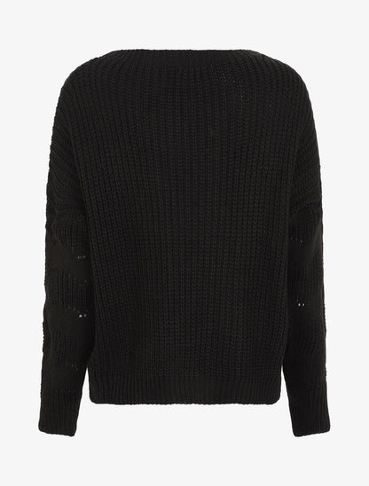 Pull droit uni en maille ajourée - Noir - 2