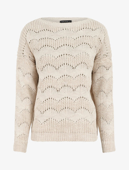 Pull droit uni en maille ajourée - Beige - 1