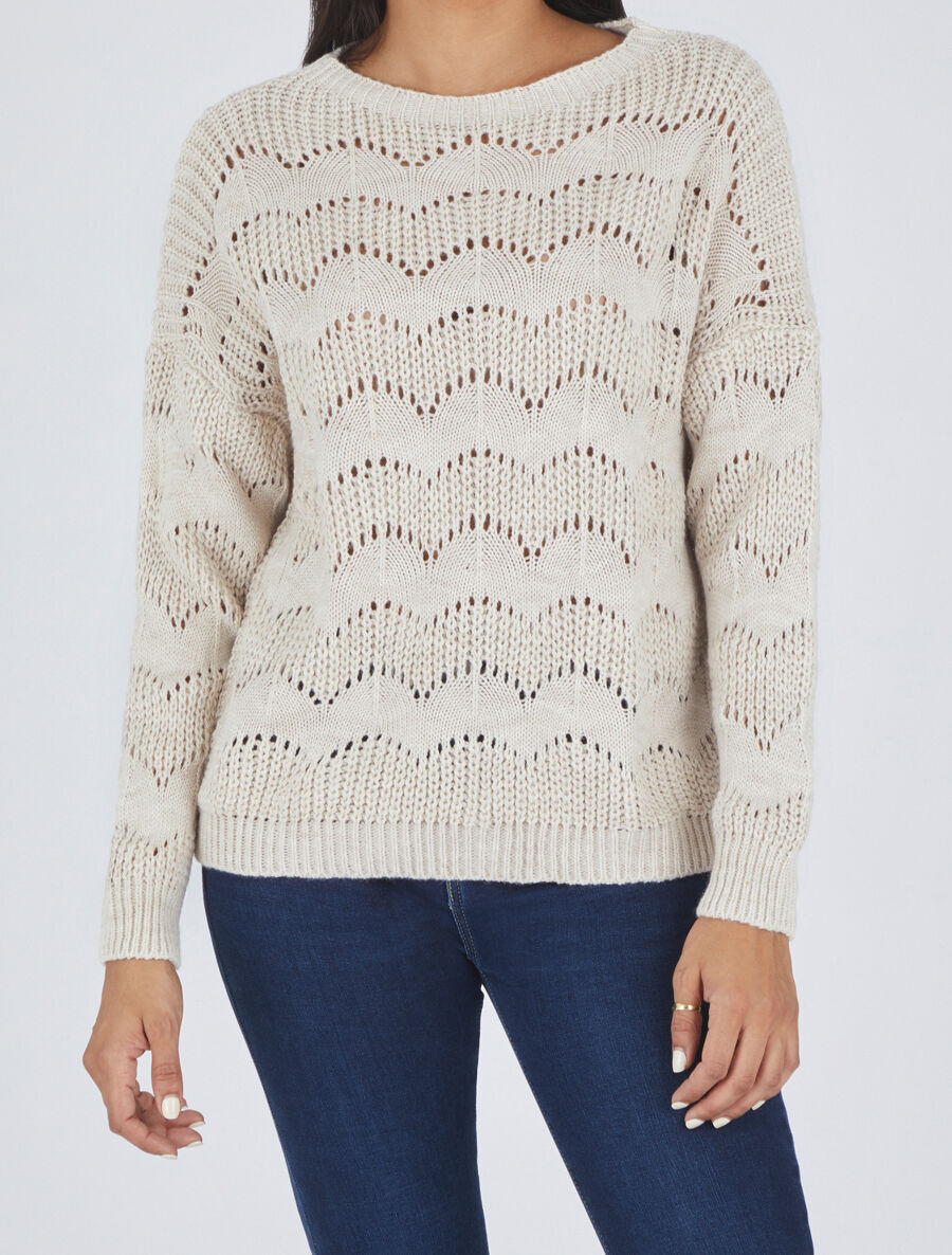 Pull droit uni en maille ajourée - Beige - 4