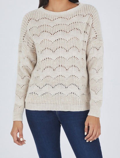 Pull droit uni en maille ajourée - Beige - 4