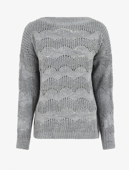 Pull droit uni en maille ajourée - Gris - 5