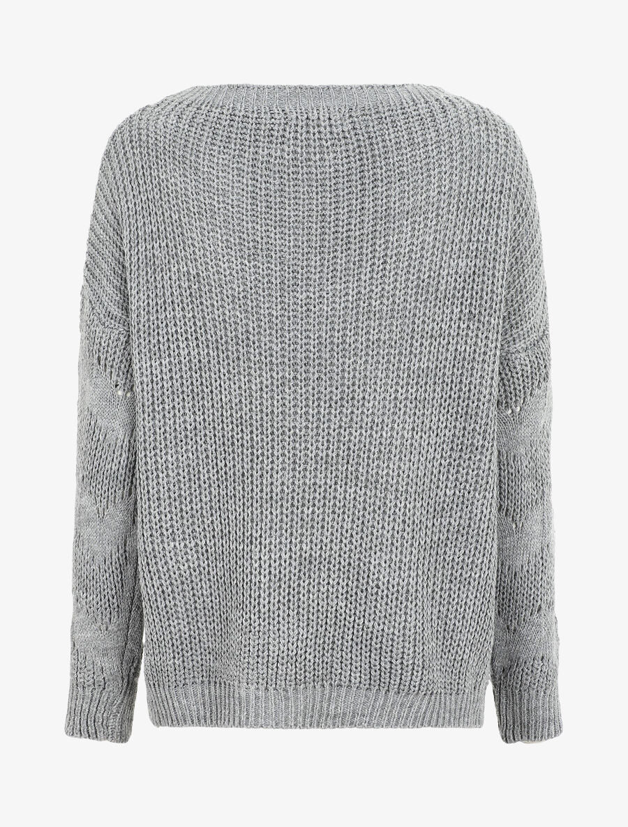 Pull droit uni en maille ajourée - Gris - 2
