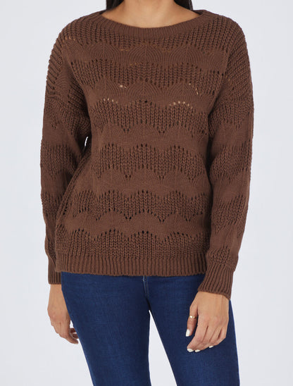 Pull droit uni en maille ajourée - Marron - 4