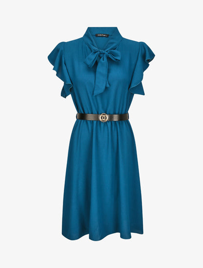 Robe à col lavallière et mancherons volantés - Bleu canard - 1