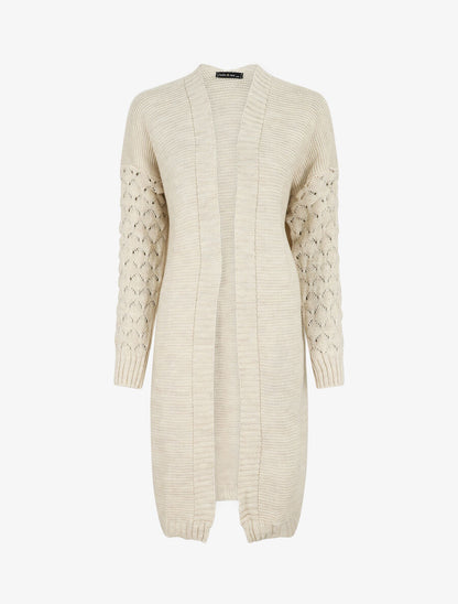 Gilet long uni à manches longues - Beige - 1