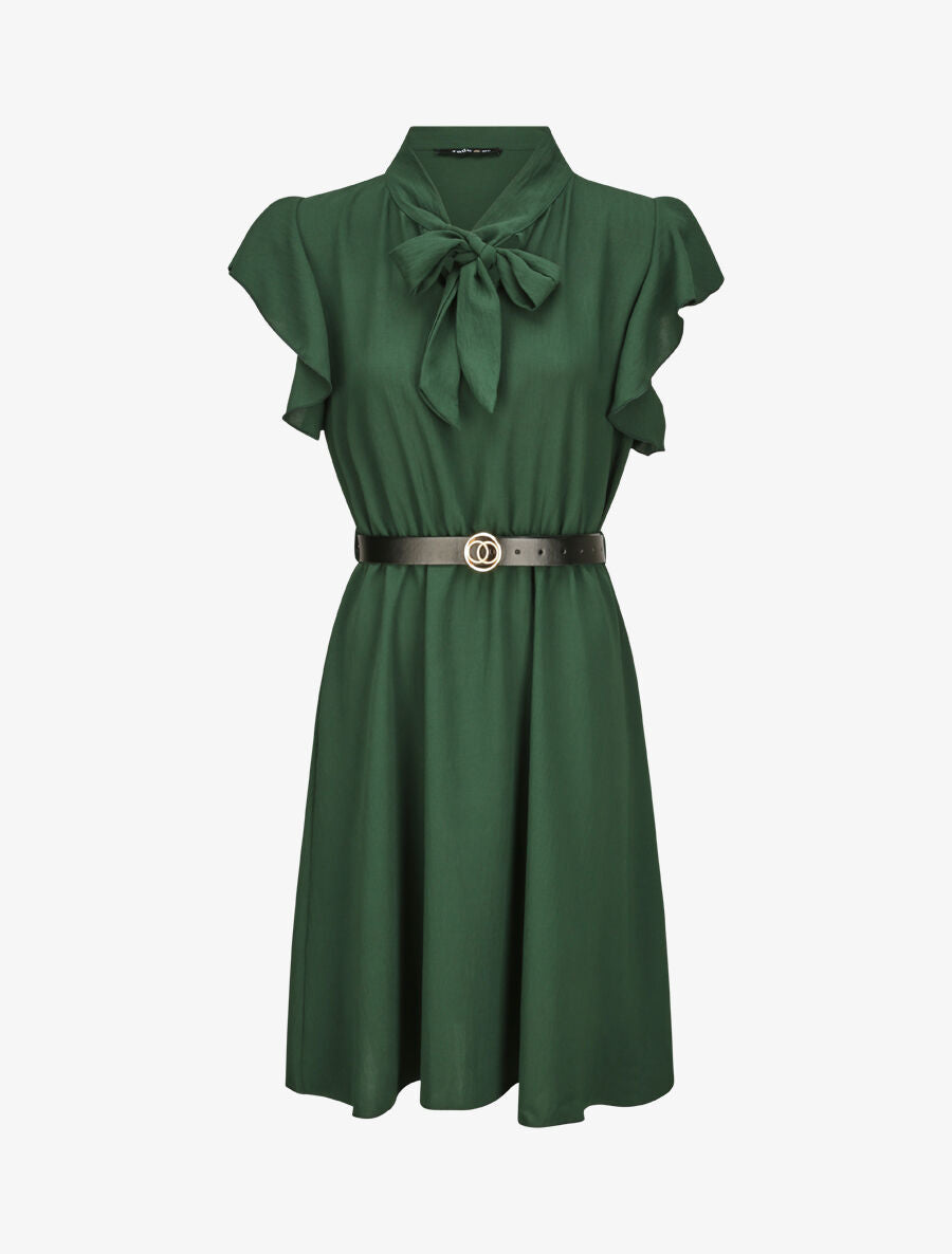 Robe à col lavallière et mancherons volantés - Vert émeraude - 4
