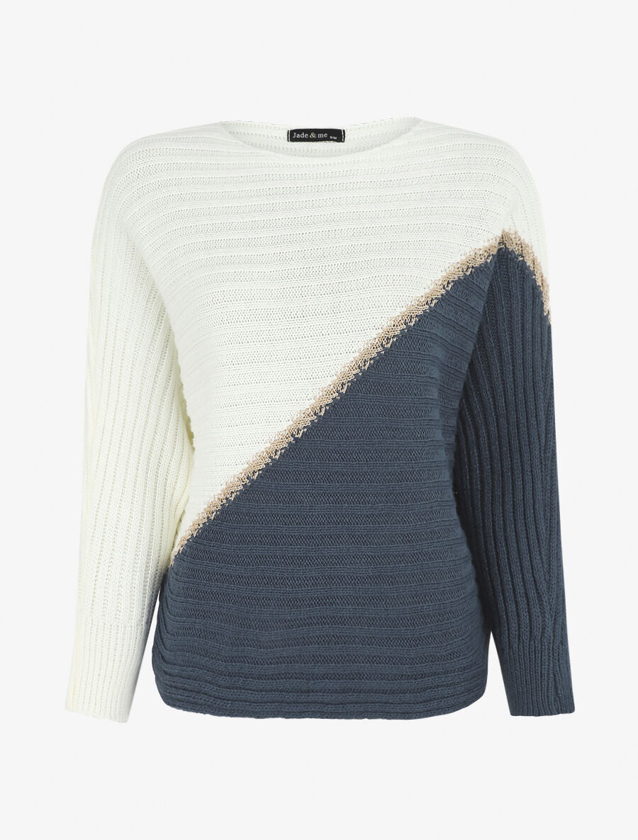 Pull bicolore à liseré doré - Bleu foncé - 1