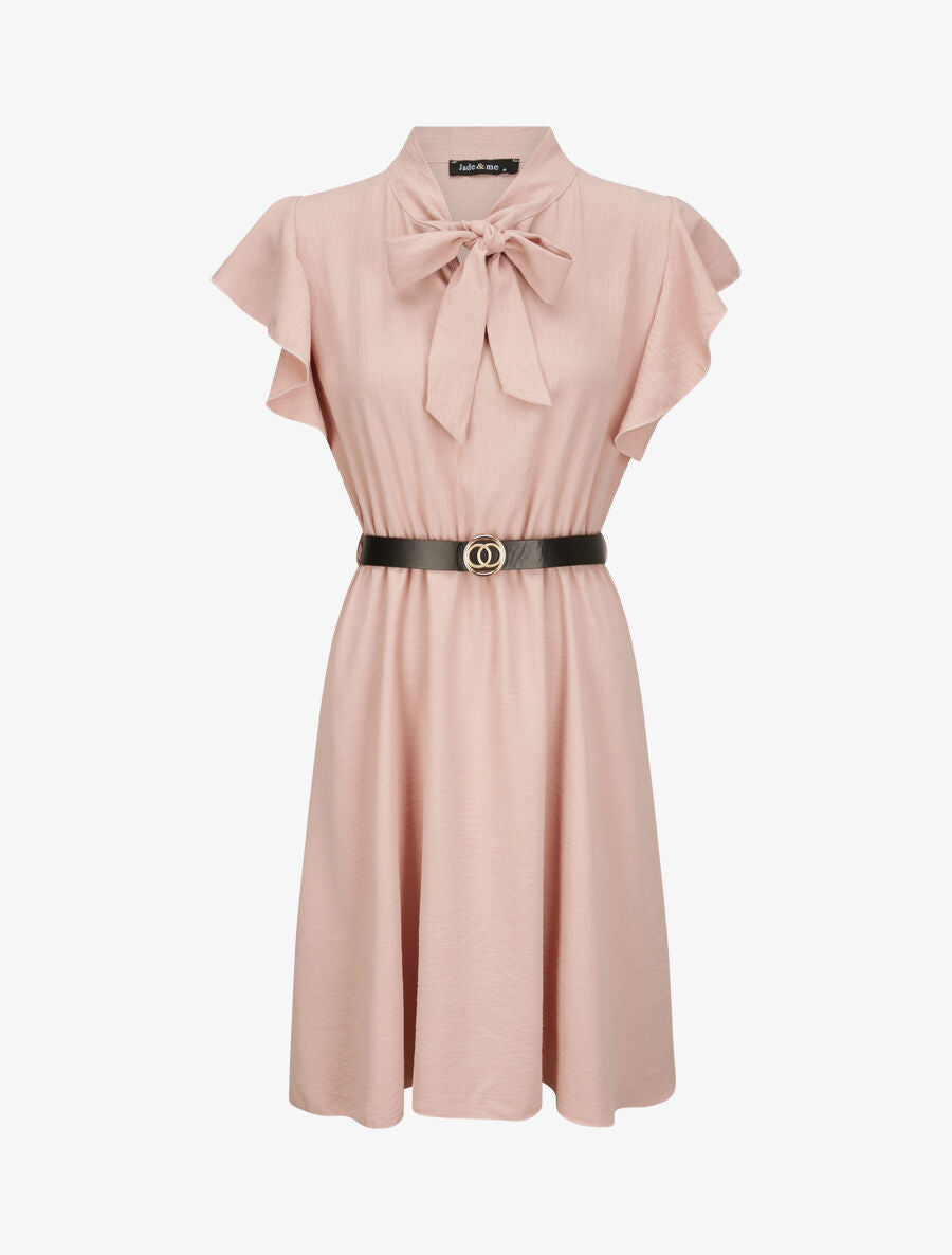 Robe à col lavallière et mancherons volantés - Rose poudré - 4