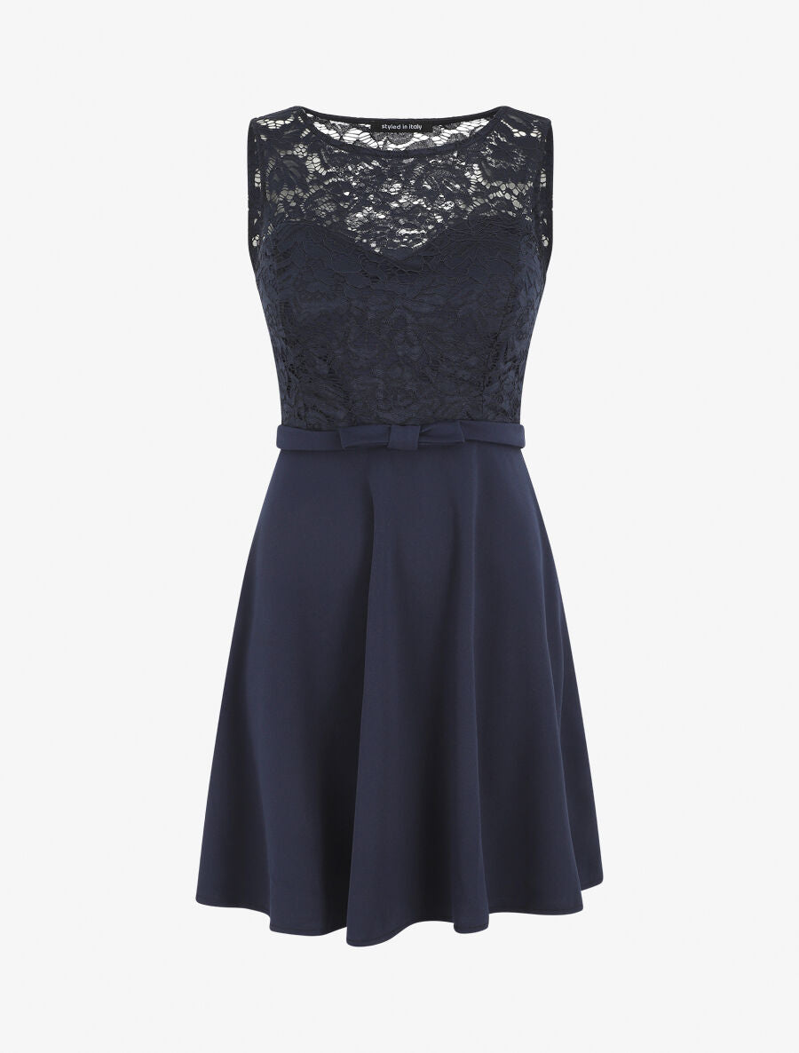 Robe patineuse à buste en dentelle - Marine - 1