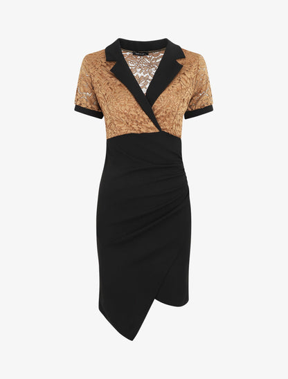 Robe bi-matière à base asymétrique - Camel - 5