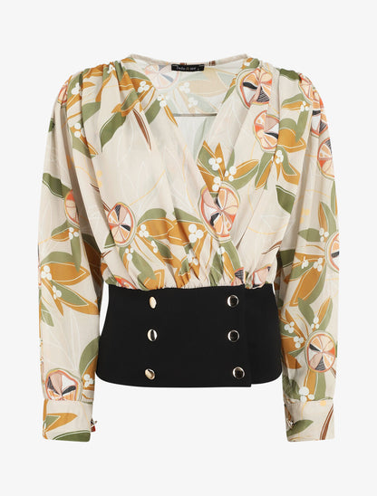 Blouse cache-coeur imprimée à boutons décoratifs - Beige - 4