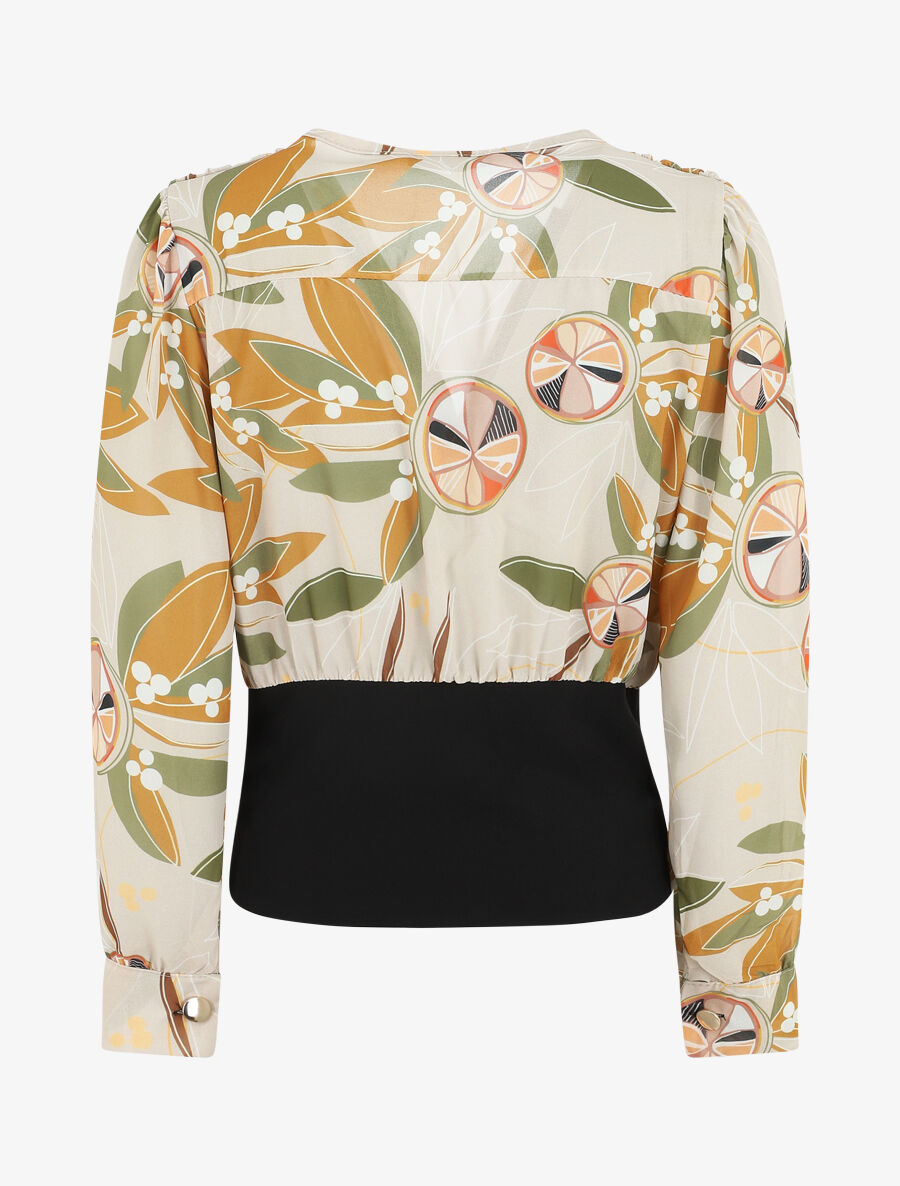 Blouse cache-coeur imprimée à boutons décoratifs - Beige - 2