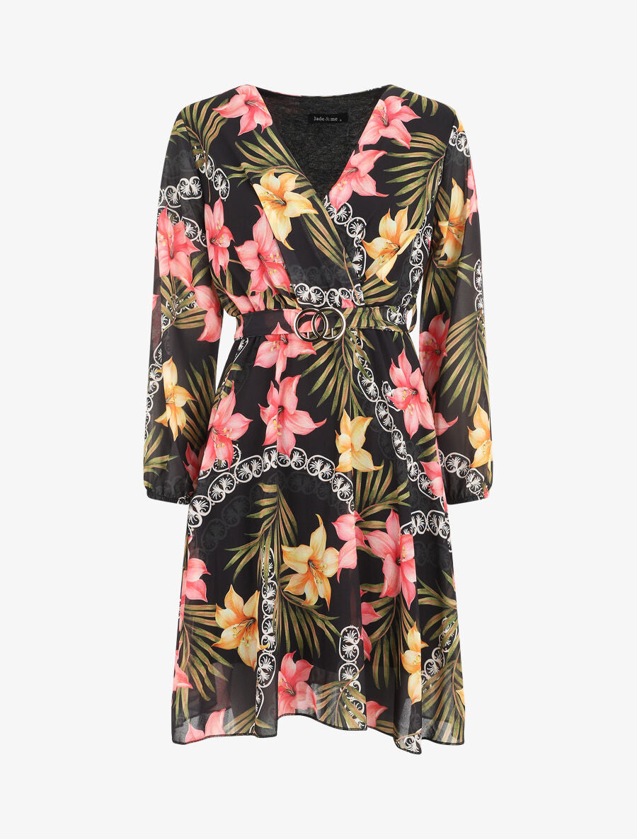 Robe mi-longue à imprimé tropical - Noir - 1