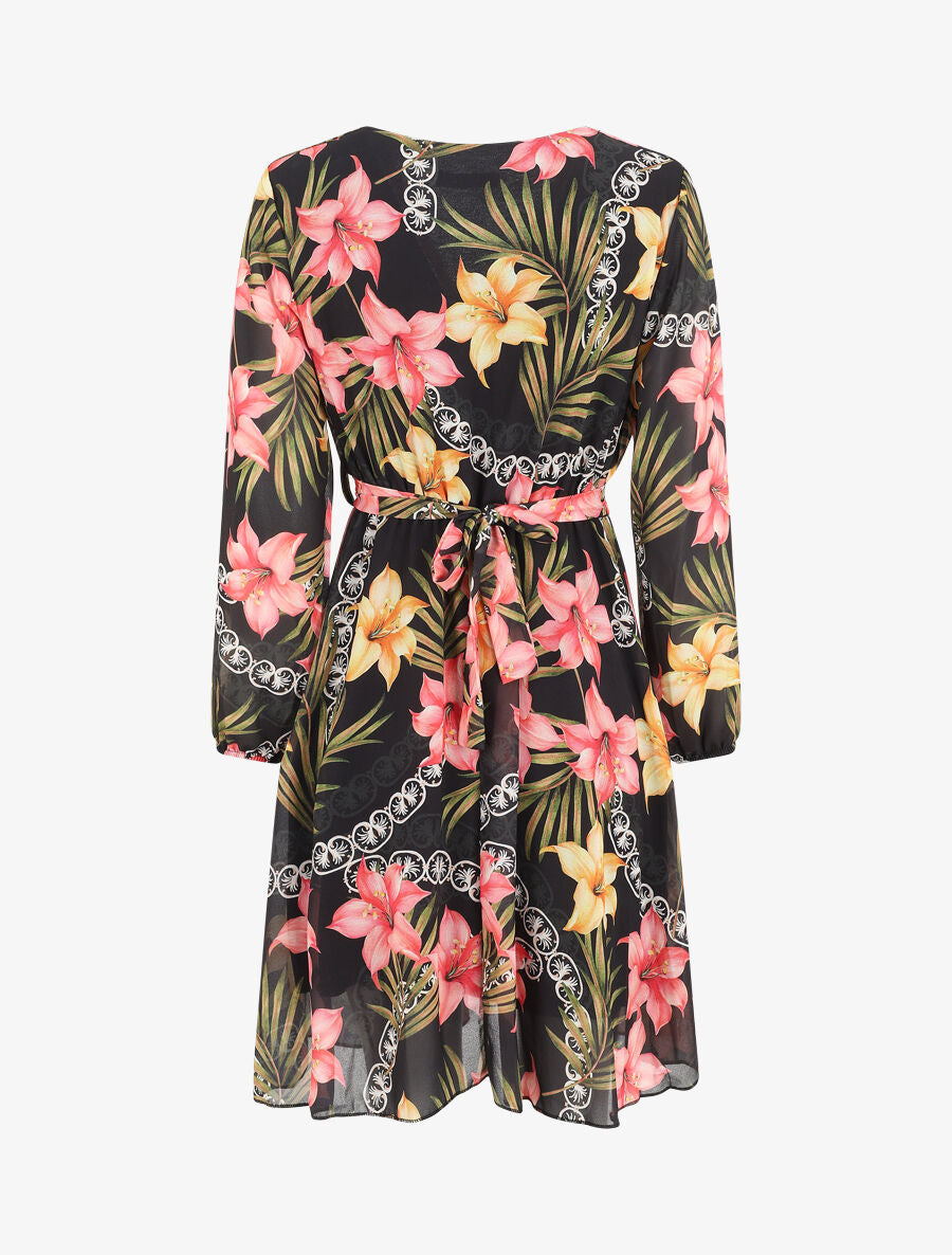 Robe mi-longue à imprimé tropical - Noir - 2