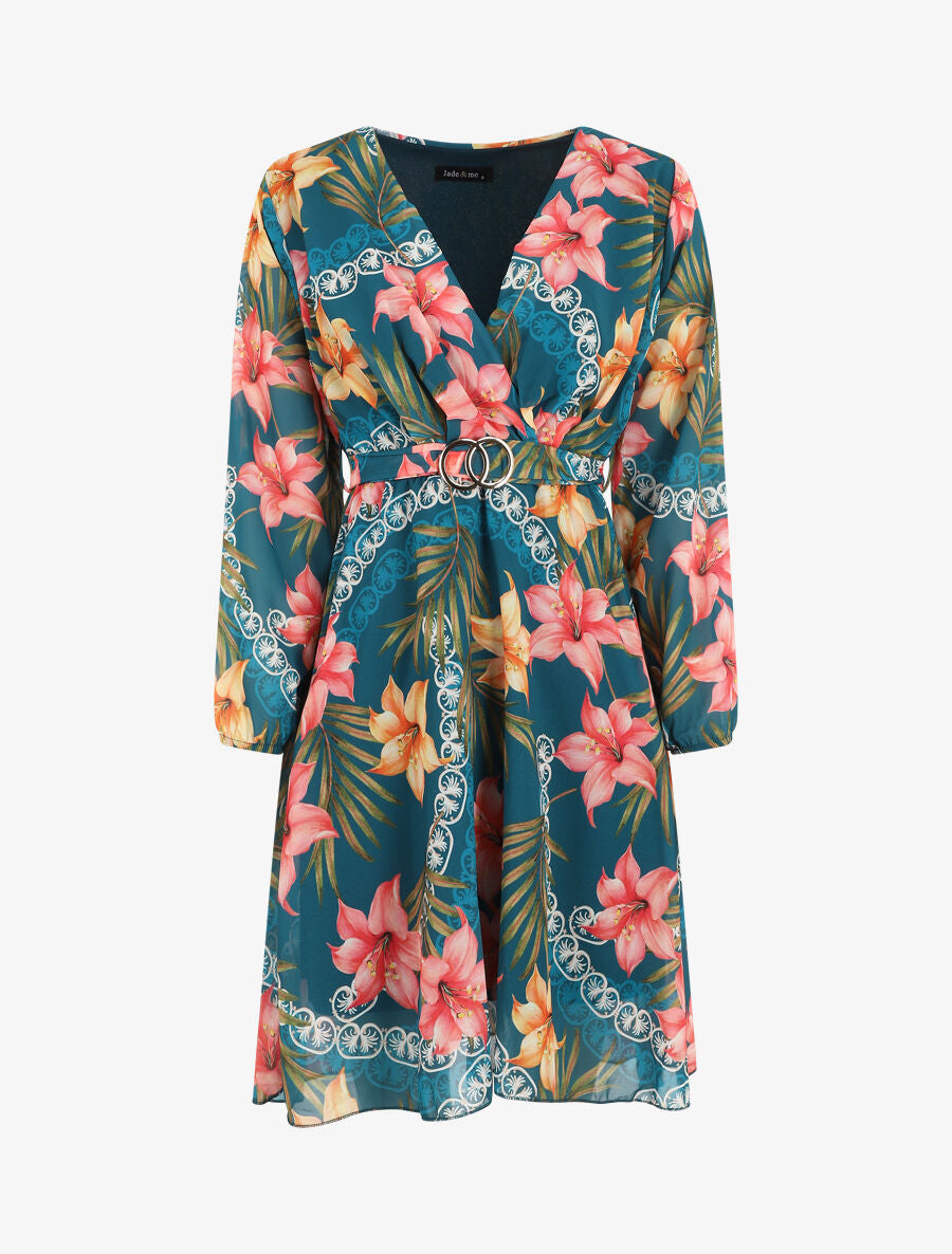 Robe mi-longue à imprimé tropical - Bleu canard - 1