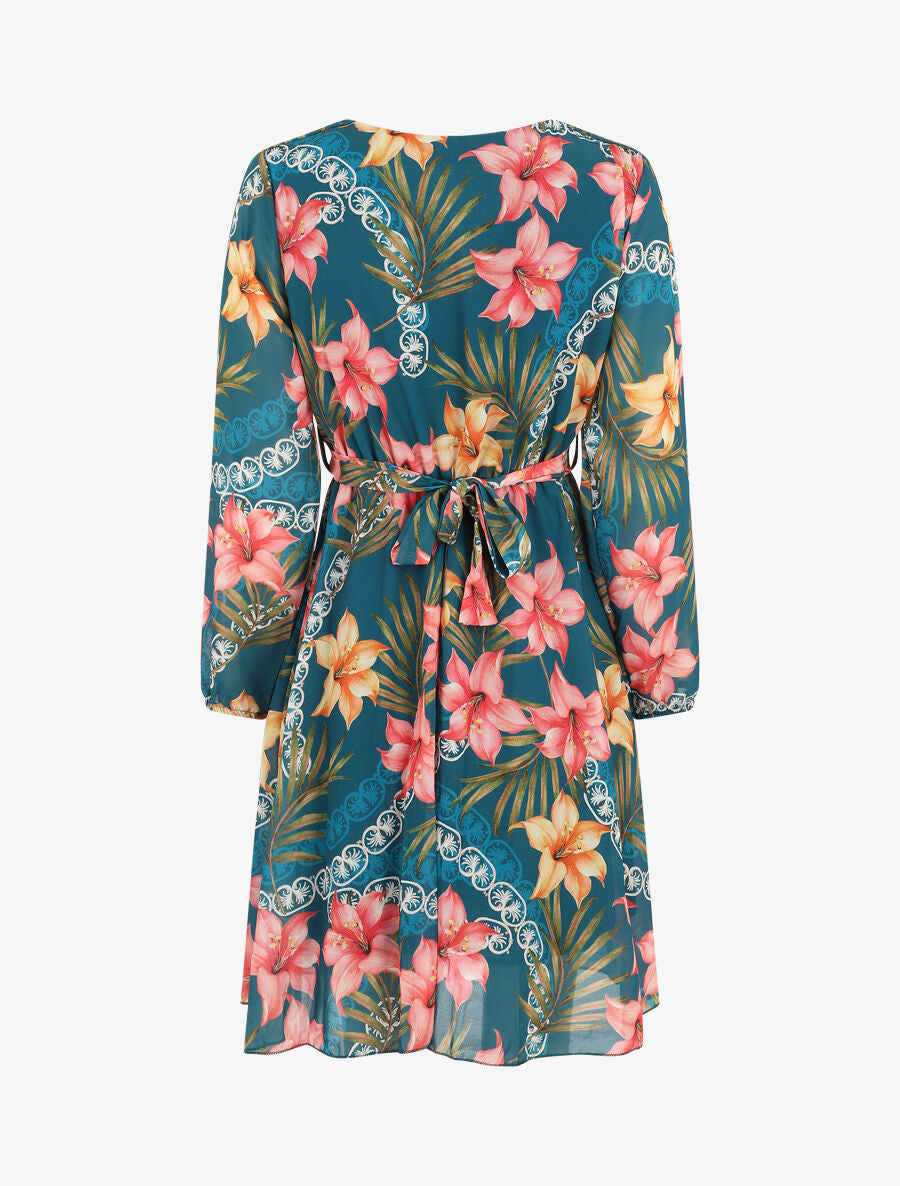 Robe mi-longue à imprimé tropical - Bleu canard - 2