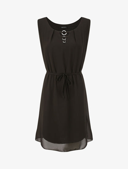 Robe en voile à col rond à détail anneaux - Noir - 4