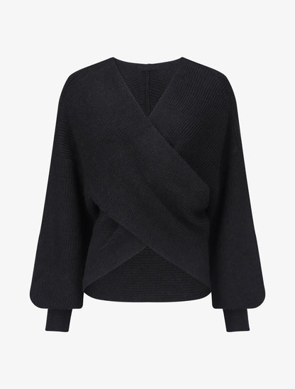 Pull uni col cache-coeur et bas asymétrique - Noir - 1