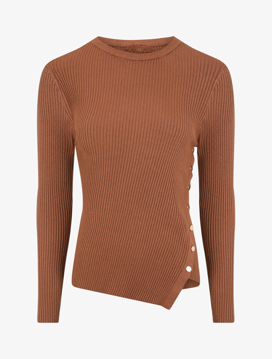 Pull uni côtelé à boutons dorés - Marron - 5
