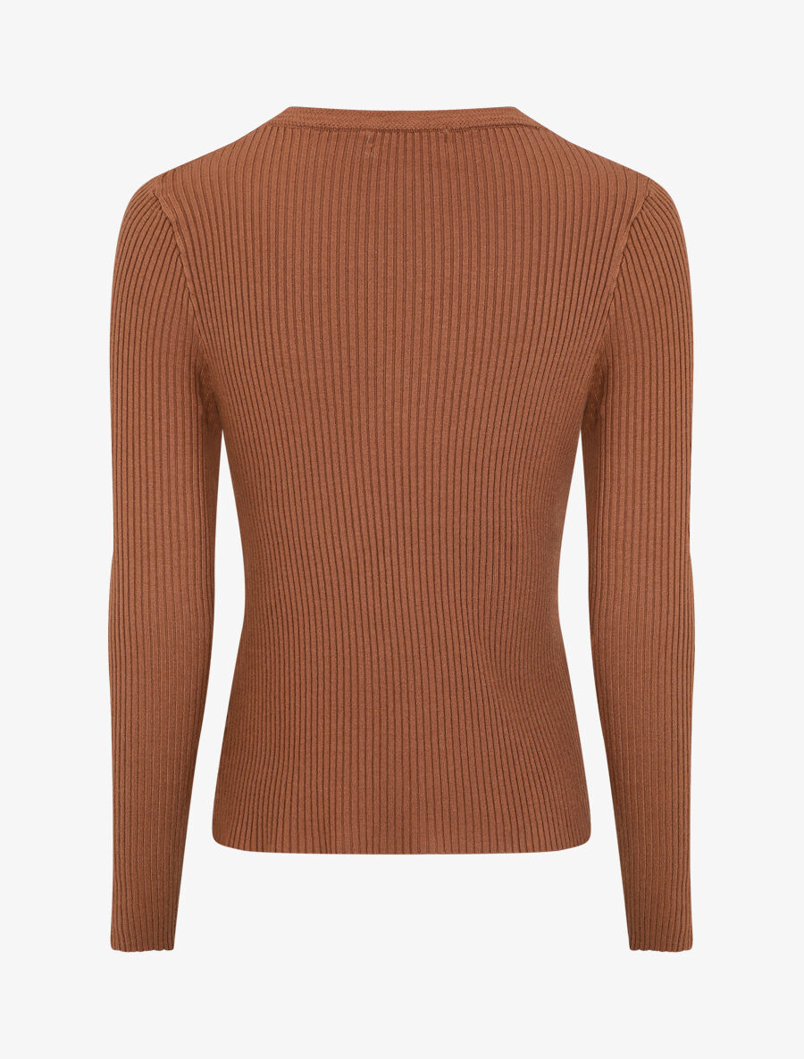 Pull uni côtelé à boutons dorés - Marron - 2
