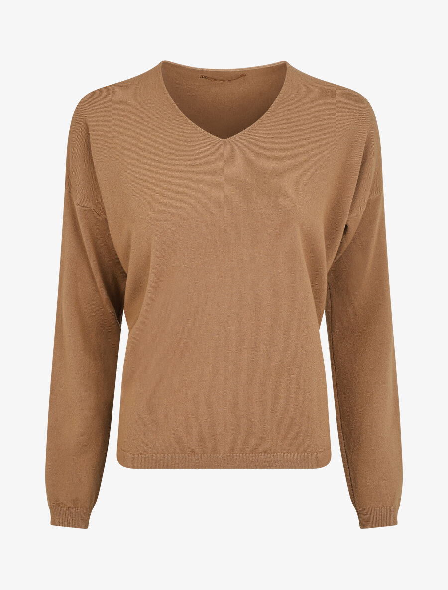 Pull fin uni à col V - Camel - 5