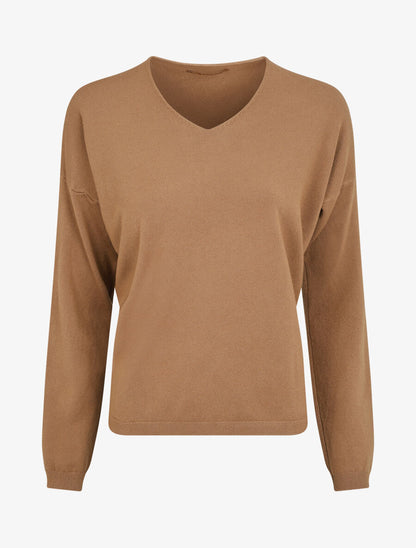 Pull fin uni à col V - Camel - 5
