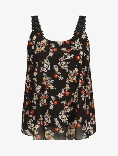 Top en voile imprimé fleurs de printemps - Noir - 1