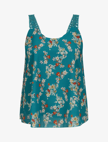 Top en voile imprimé fleurs de printemps - Bleu canard - 1
