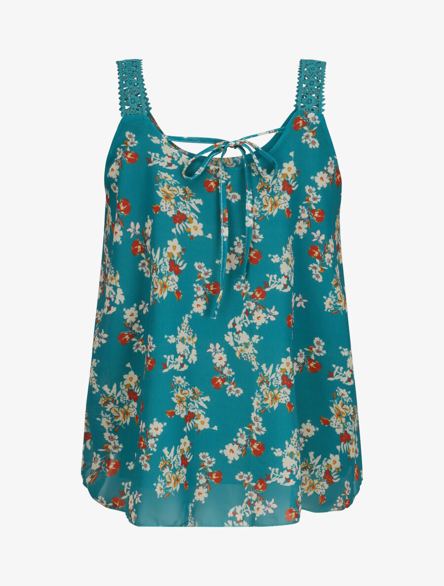 Top en voile imprimé fleurs de printemps - Bleu canard - 2