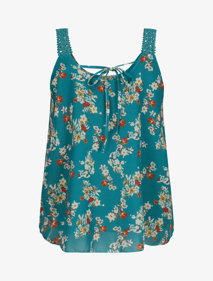 Top en voile imprimé fleurs de printemps - Bleu canard - 2